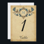 Peacock Monogram Trouwtafel Nummer Kaart<br><div class="desc">Dit prachtige ontwerp, Peacock Monogram Wedding genaamd, heeft een geïnspireerd design. De achtergrond is een donkere crème met kleine sproeten. Aan de voorzijde van de uitnodiging staan een handgetekende pen en een inktschets van een cirkelmedaillon met blauwe design van floraal blad. Aan beide zijden van het medaillon is er een...</div>