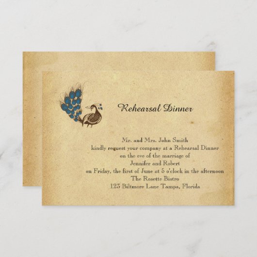  Peacock Monogram Weddenschap Rehearsal Kaart (Voorkant / Achterkant)