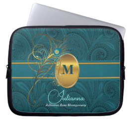 Peacock Monogrammed Elegant Blauwgroen Paisley and Laptop Sleeve