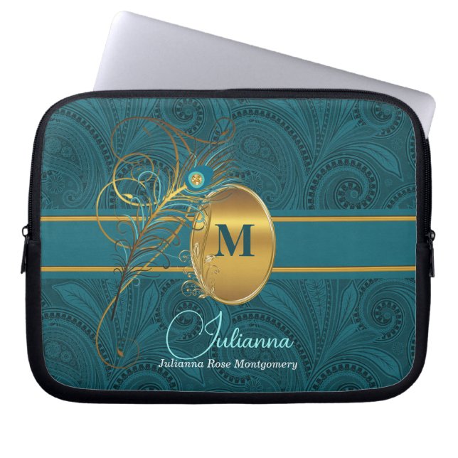 Peacock Monogrammed Elegant Blauwgroen Paisley and Laptop Sleeve (Voorkant)