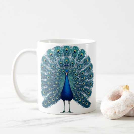 Peacock Mug – Colorful Bird Art Coffee Cup – Elega Koffiemok (Met donut)