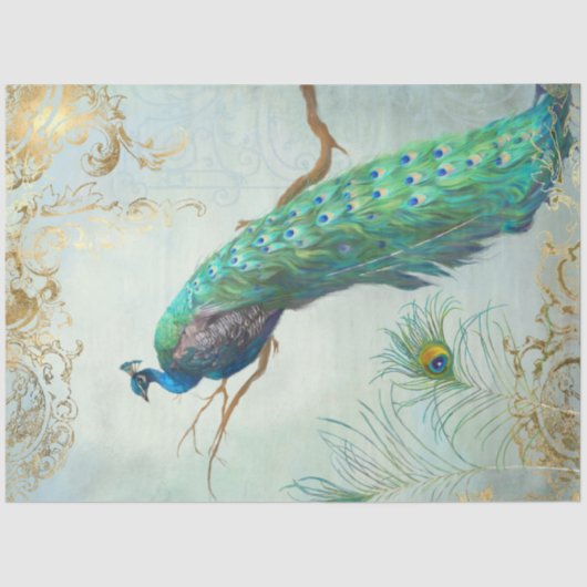 Peacock n Feathers Gold Dusty Blue-ontkoppeling Tissuepapier (Voorkant)