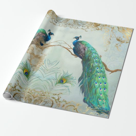 Peacock n Feathers Pair Blue Gold-ontkoppeling Cadeaupapier (Uitgerold)