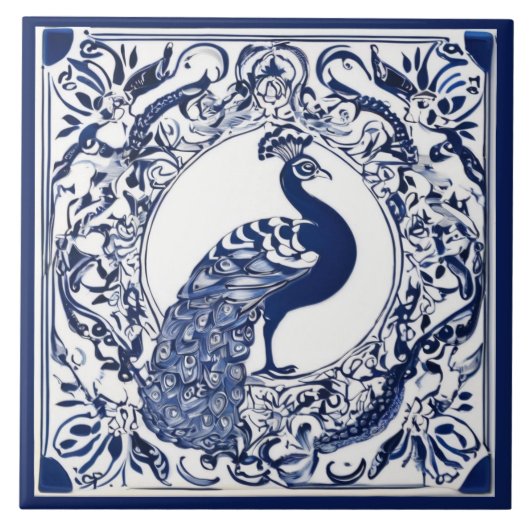 Peacock Navy Donkerblauw en wit Folk Animal Art Tegeltje (Voorkant)