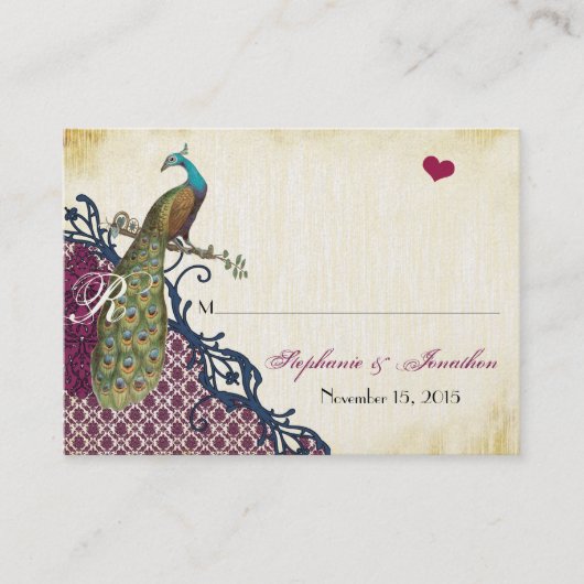 Peacock Navy Raspberry Damask Place Cards Plaatskaartje (Voorkant)