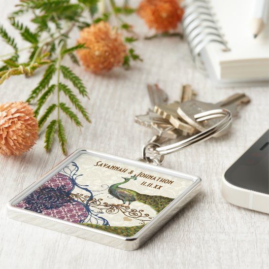 Peacock Navy Raspberry Damask Sleutelhanger (Zijkant)