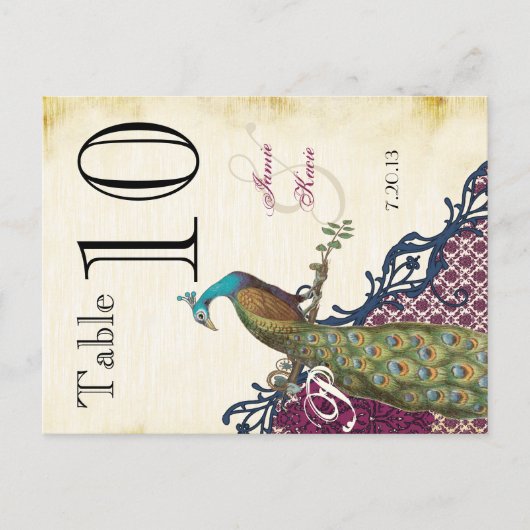 Peacock Navy Raspberry Damask Table Number Briefkaart (Voorkant)