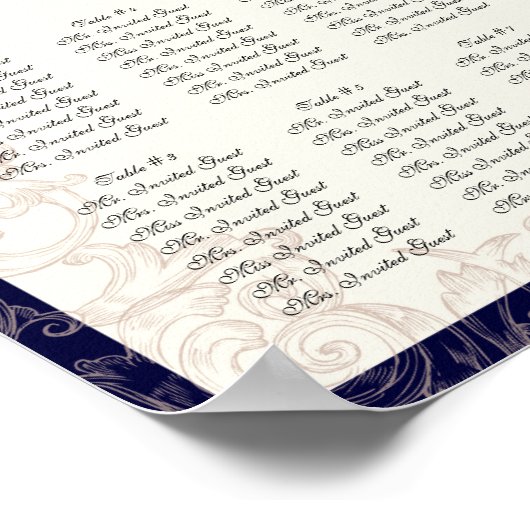 Peacock Navy Reception Table Seating Chart Poster (Hoek)