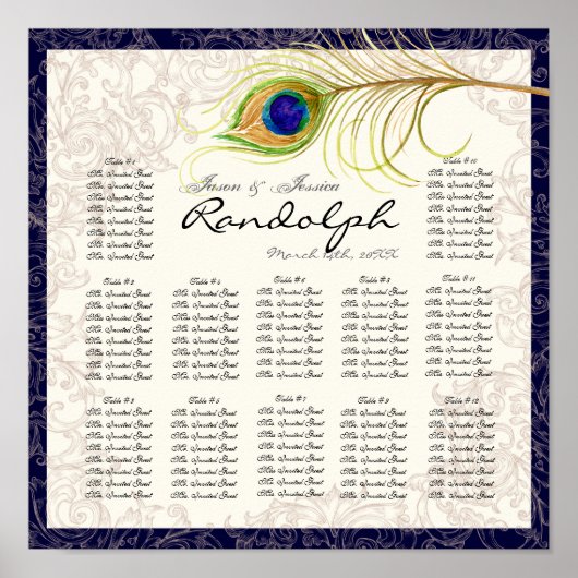 Peacock Navy Reception Table Seating Chart Poster (Voorkant)