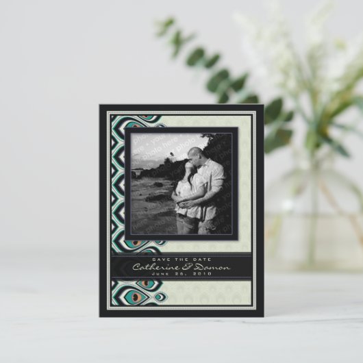 Peacock Nouveau sparen de Datum (Zwart) Save The Date (Staand voorkant)