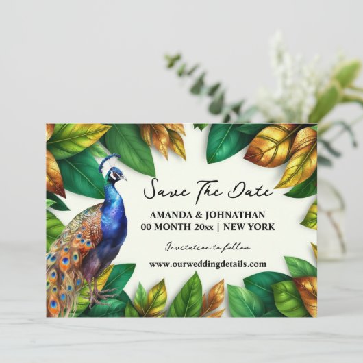Peacock oerwoud gebladerte Tropische tuin verlovin Save The Date (Staand voorkant)