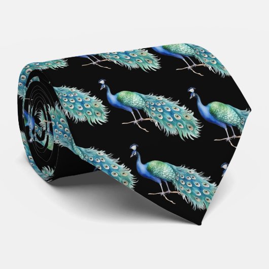 Peacock on Black Background Neck Tie Stropdas (Opgerold)