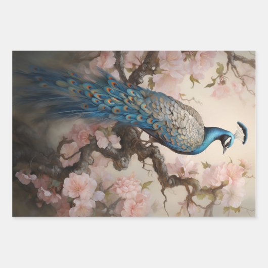 Peacock on flower branches, decoupage inpakpapier vel (Voorkant)