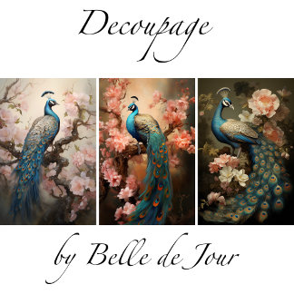 Peacock on flower branches, decoupage inpakpapier vel