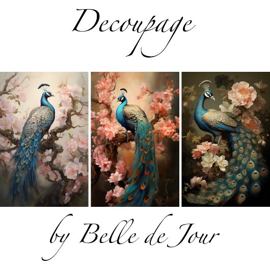 Peacock on flower branches, decoupage inpakpapier vel