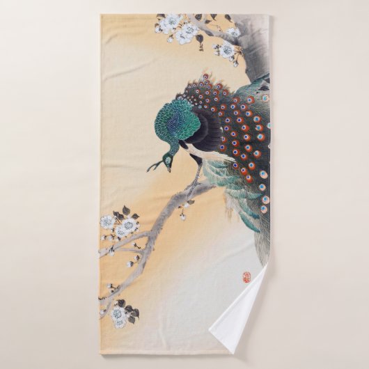 Peacock op een Cherry Blossom Tree, Ohara Koson Badhanddoek (Badhanddoek)