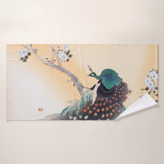 Peacock op een Cherry Blossom Tree, Ohara Koson Badhanddoek (Badhanddoek)