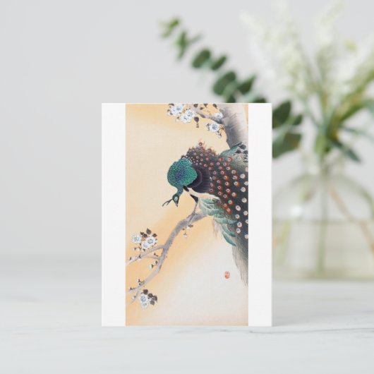 Peacock op een Cherry Blossom Tree, Ohara Koson Briefkaart (Staand voorkant)