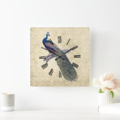Peacock op Elegant Ivory Damask Vierkante Klok (Huis)