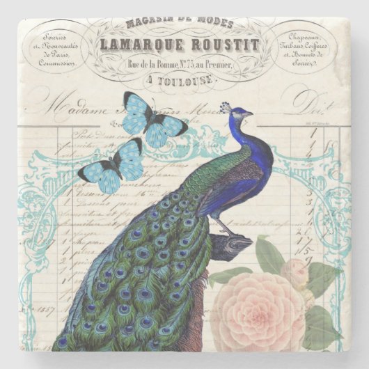  Peacock op Franse Ephemera Collage Stenen Onderzetter (Voorkant)