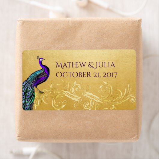 Peacock op Gold Custom Wedding Mini Wine Labels (Insitu)
