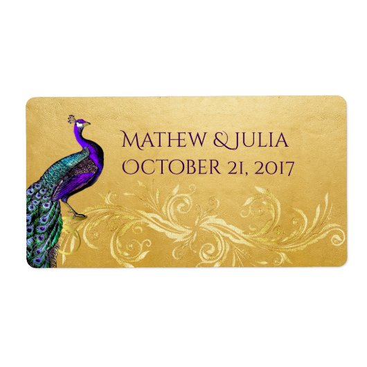 Peacock op Gold Custom Wedding Mini Wine Labels (Voorkant)