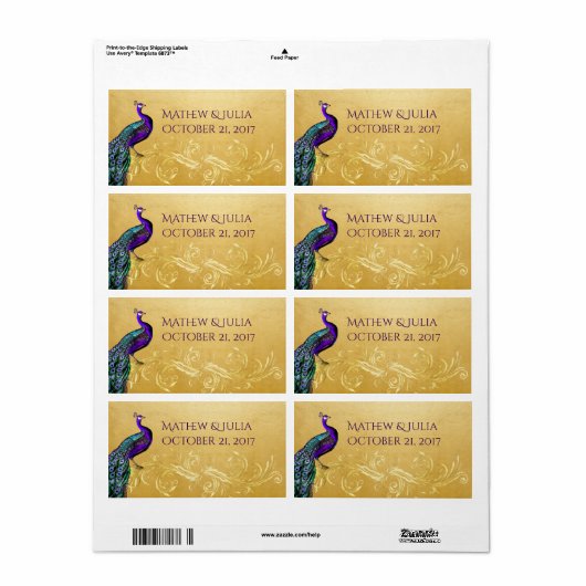 Peacock op Gold Custom Wedding Mini Wine Labels (Full Sheet)