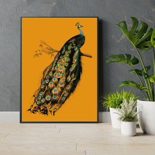 Peacock op Mosterdgeel Animal Art Print