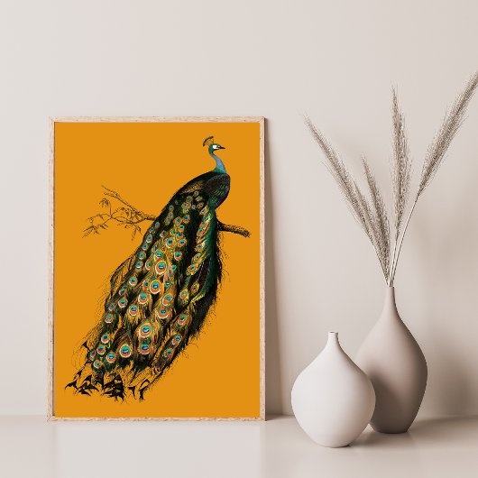  Peacock op Mosterdgeel Animal Art Print