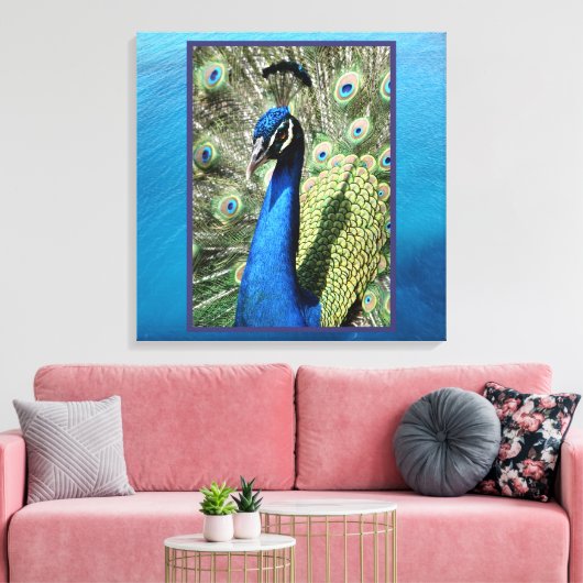 Peacock op oceaanachtergrond canvas afdruk (Insitu (Woonkamer))