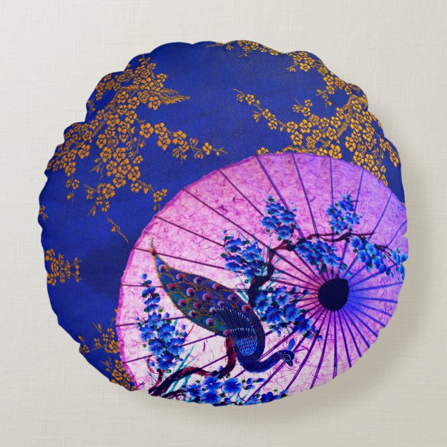 Peacock oriental parasol japanese kersenbloesem rond kussen (Voorkant)