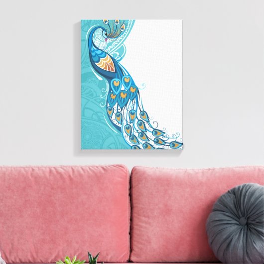 Peacock over Blauwgroen illustratie Canvas Afdruk (Insitu (Woonkamer))