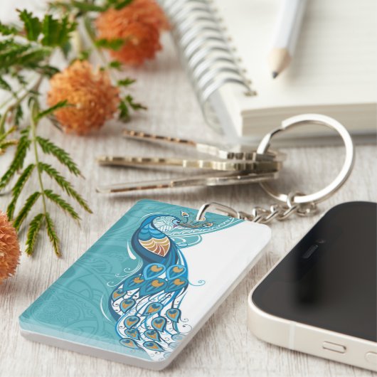 Peacock over Blauwgroen illustratie Sleutelhanger (Voorkant Rechts)