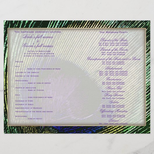 Peacock over de sjabloon van het paarse trouwprogr (Voorkant)