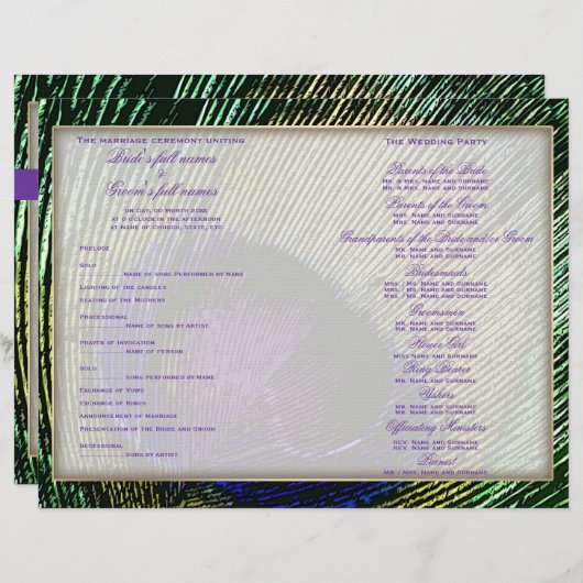 Peacock over de sjabloon van het paarse trouwprogr (Voorkant / Achterkant)