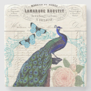  Peacock over Franse Ephemera Collage Stenen Onderzetter