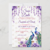 Peacock paarse bloem Indiase bruiloft opslaan van  Kaart (Voorkant)