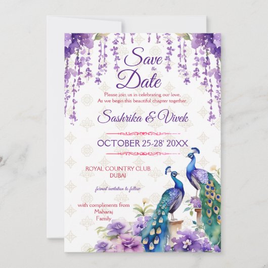 Peacock paarse bloem Indiase bruiloft opslaan van Kaart (Voorkant)