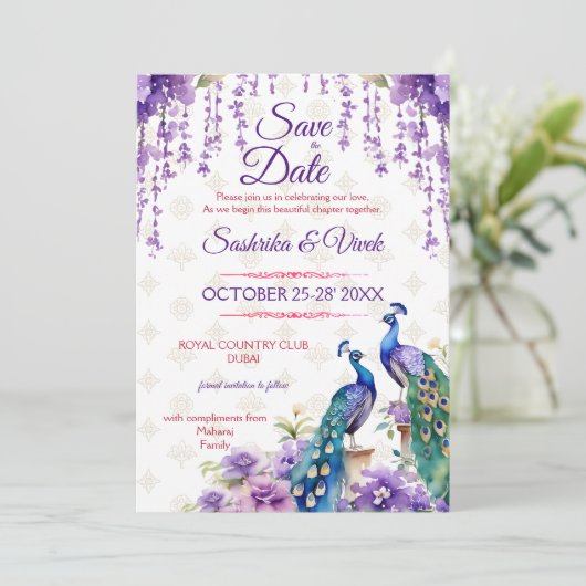 Peacock paarse bloem Indiase bruiloft opslaan van Kaart (Staand voorkant)