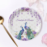 Peacock paarse bloemen Indiase bruiloft servies Papieren Bordje<br><div class="desc">Peacock en paarse bloemen waterverf Indiase bruiloft servies gepersonaliseerde feest borden. Twee mooie pauwen paarse jasmijn bloemen wisteria hangende bloemen en slingers feest sjabloon borden</div>