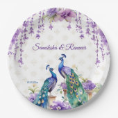Peacock paarse bloemen Indiase bruiloft servies Papieren Bordje (Voorkant)