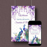 Peacock paarse bloemen Indiase bruiloft welkom tek Poster<br><div class="desc">Peacock en paarse bloemen waterverf Indiase bruiloft bewerkbare sjabloon welkom teken poster instant digitale download. Twee mooie pauwen paarse jasmijn bloemen wisteria hangende bloemen en slingers welkomstbord poster</div>