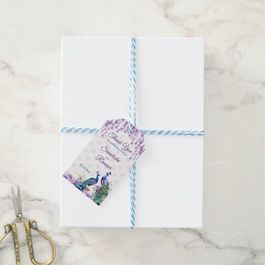 Peacock paarse bloemen Mehndi Indiase bruiloft gun Cadeaulabel (Met Touw)