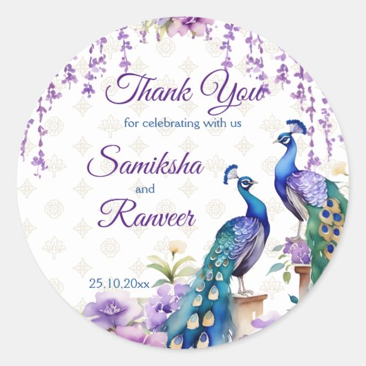 Peacock paarse bloemen Mehndi Indiase bruiloft gun Ronde Sticker (Voorkant)