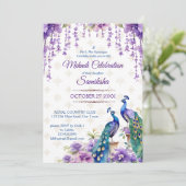 Peacock paarse bloemen Mehndi Indiase bruiloft Kaart (Staand voorkant)