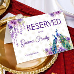 Peacock paarse Indiase bruiloft gereserveerd teken<br><div class="desc">Peacock en paarse bloemen waterverf Indiase bruiloft gereserveerd teken. Twee mooie pauwen paarse jasmijn bloemen wisteria hangende bloemen en slingers gereserveerd teken</div>