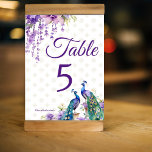 Peacock paarse Indiase bruiloft Kaart<br><div class="desc">Peacock en paarse bloemen waterverf Indiase trouwtafel nummer kaart teken. Twee mooie pauwen paarse jasmijn bloemen wisteria hangende bloemen en slingers tafel nummerkaart</div>