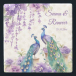 Peacock paarse Indiase huwelijksgunst geschenken Stenen Onderzetter<br><div class="desc">Peacock en paarse bloemen waterverf Indiase huwelijksgunst geschenken gepersonaliseerde monogram stenen onderzetters. Twee mooie pauwen paarse jasmijn bloemen wisteria hangende bloemen en slingers gepersonaliseerde bruidstafel decor praktijkgunsten stenen onderzetters bruiloft onderzetters</div>