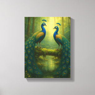 Peacock Pair in het betoverde bos Canvas Afdruk