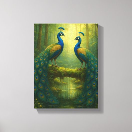 Peacock Pair in het betoverde bos Canvas Afdruk (Voorkant)